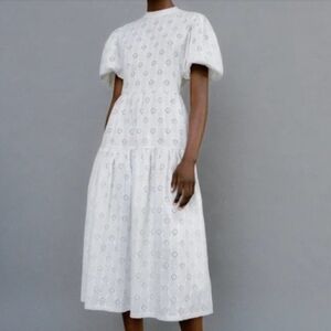 Zara White Midi Eyelet Dress